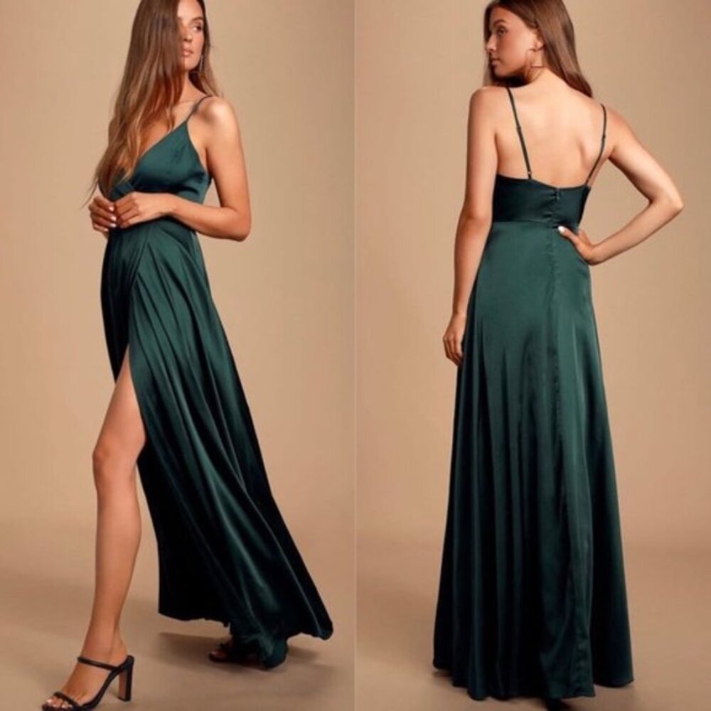 Lulus NEW Ode To Love Emerald Green Satin Maxi Dress Size S